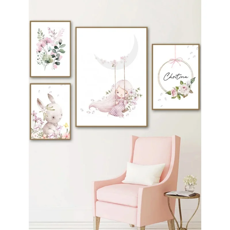 Resin Art Flowers - لوحة جدارية بتصميم كرتوني إسكندنافي، أرنب